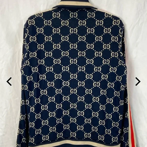 Gucci GG Jacquard Navy Blue Zip Up Sweater - Size Medium